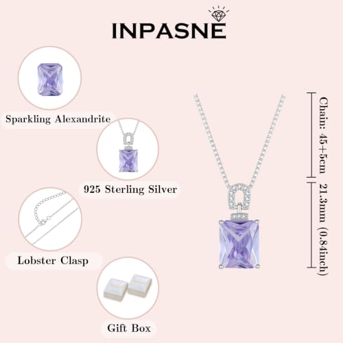 Emerald Cut Birthstone Necklace for Women 925 Sterling Silver | Baguette Birthstone Pendant Necklace, Jewelry for Mom Wife - color: Lavender