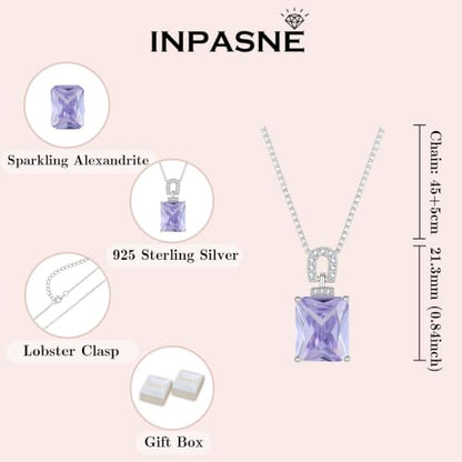 Emerald Cut Birthstone Necklace for Women 925 Sterling Silver | Baguette Birthstone Pendant Necklace, Jewelry for Mom Wife - color: Lavender