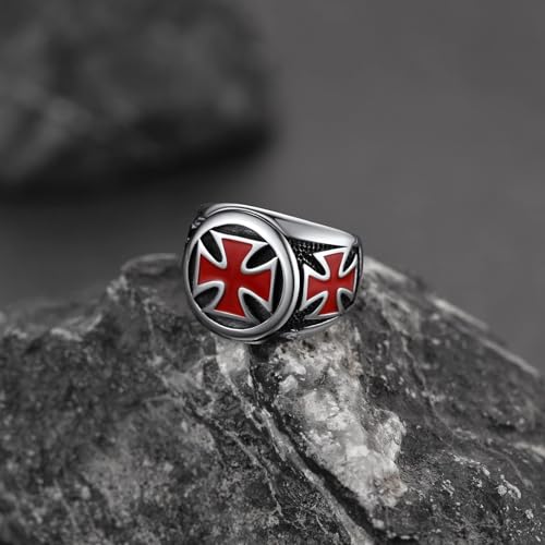 FaithHeart Mens Stainless Steel Crusader Jerusalem Cross Ring with 18K Gold Plated Two Tone Ring Size 7,8,9,10,11,12 - color: 01. Cross-Silver