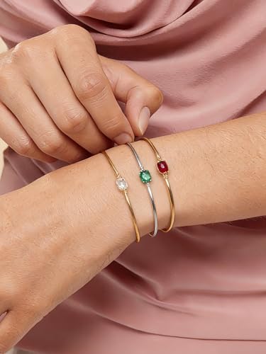 Moissanite/Sapphire/Ruby/Emerald Cuff Bracelet 1 Carat Oval Cut Center Stone Inlaid 925 Sterling Silver 14K Gold Plated Adjustable Birthstone Bangle for Women fit Wrist 5-7.5 Inch - color: Moissanite Silver
