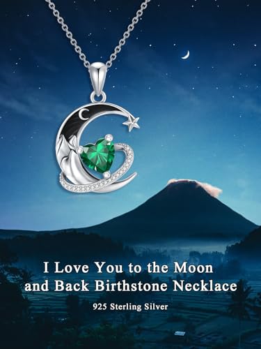I Love You to the Moon and Back Necklace 925 Sterling Silver Black Crescent Moon Star Pendant with Heart Birthstone Necklace Anniversary Gothic Jewelry Gifts for Women Wife Lovers - color: 05-May-Emerald