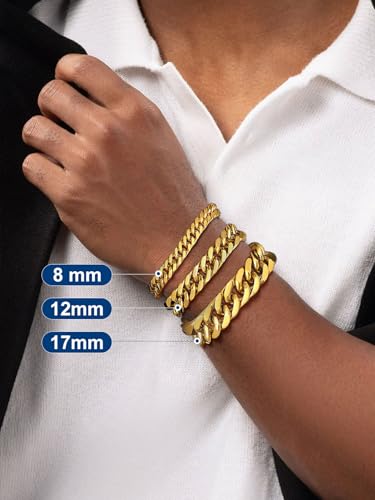 ChainsPro Miami Cuban Link Chain Bracelet for Men, 6/8/12/17mm, 7.5/8.3/9inch, 316L Stainless Steel/18K Gold Plated/Black No Tarnish Bracelets for Fathers' Day Husband, Send Gift Box - color: Gold Plated
