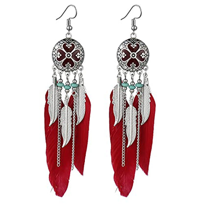 Dreuyet Boho Long Feather Drop Dangle Earrings for Women Retro Bohemian Ethnic Fringe Multicolor Tassel Feather Earring Handmade Statement Dream Catcher Earrings Jewelry - color: Red Round Heart