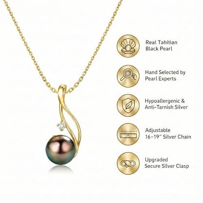 Tahitian Black Pearl Necklaces for Women - Anniversary, Birthday, Valentines Day Gifts for Wife, Girlfriend, Mom - Chaulri 925 Sterling Silver Genuine Real Pearl Jewelry - Regalo de Aniversario para Esposa - Collar de Perlas para Mujer