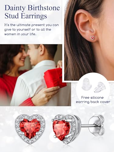 Suplight 925 Sterling Silver Birthstone Stud Earrings for Women, Round/Heart/Teardrop/Square Crystal Diamond Earrings for Women, Dainty Birthday Gifts Jewelry - color: style b-07. heart-July(Created Ruby)