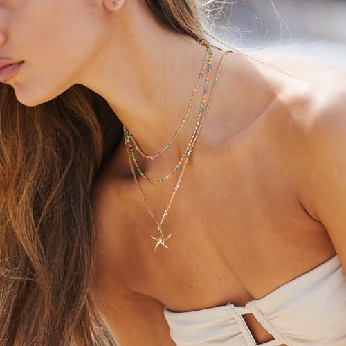 MTMY Beaded Necklaces for Women 14K Gold Plated Dainty Colorful Green/Rose Beaded Pearl Choker Necklace Delicate Boho Choker Necklace Jewelry Gift - style: Layer-colorful beads