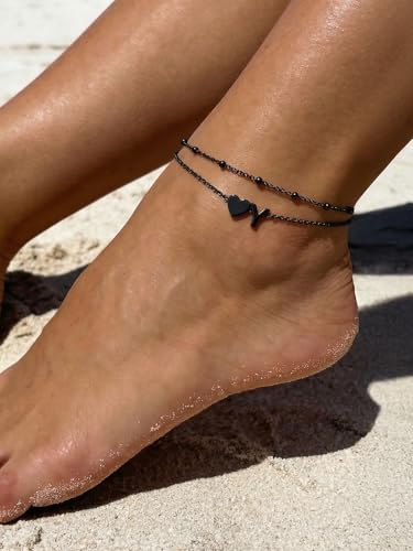 Silvora Ankle Bracelets for Women Waterproof 14K Gold/Silver/Black Initial Anklet for Women Dainty Layered Heart Ankle Bracelets Stainless Steel Adjustable Foot Chain Anklet Summer Beach Jewelry - color: O-Black