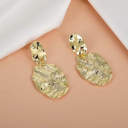 Large Geometric Drop Dangle Earrings for Women Pearl Teardrop Disc Rectangle Oval Fishtail Shell Shaped Textured Dangle Studs Earrings for Women - color: Gold-Oval