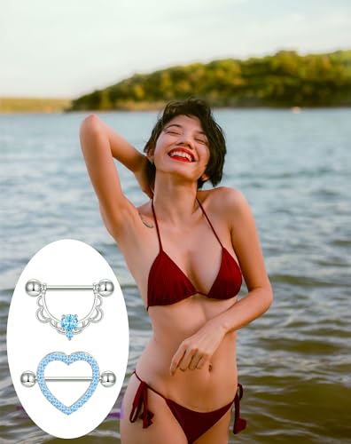 9 Pairs Nipple Rings Stainless Steel Heart Butterfly Moon Flower CZ Barbell Tongue Rings Set Cute Nipplerings Piercing Jewelry for Women Pink Silver Tone - color: C: Blue Tone