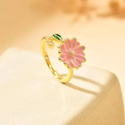 Adjustable Rings for Women 18K Gold Plated daisy Flower Butterfly Ball Cubic Zirconia Rings Dainty Open Stacking Ring - color: Pink Flower-Gold