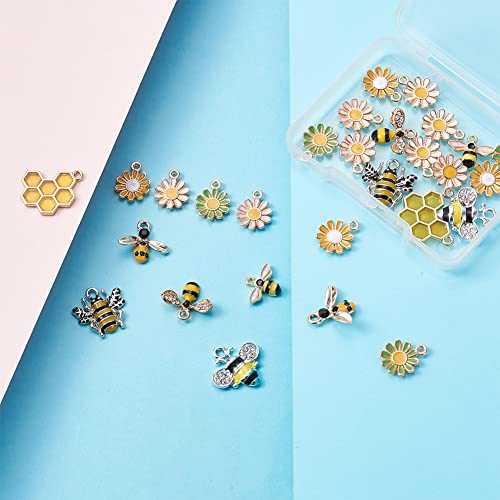 KISSITTY 28pcs/box Enamel Bee Charm Pendants Daisy Flower Dangle Charm for Earrings Necklace Bracelet Jewelry Making and Crafting