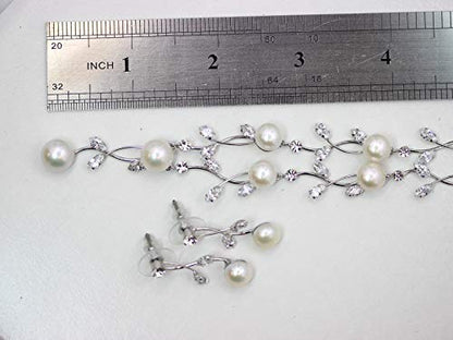 Faship Genuine Freshwater Pearls Floral Necklace Earrings Set | Premium CZ Crystal, Gorgeous, Sparkling - color: Clear