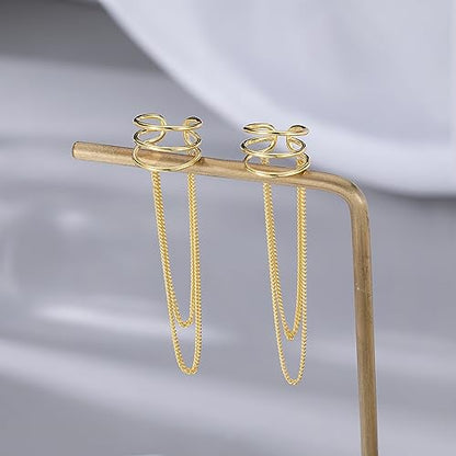 SLUYNZ 925 Sterling Silver No Piercing Cuff Earrings Chain for Women Wrap Earrings Tassel Clip On Ear - color: Gold Plated