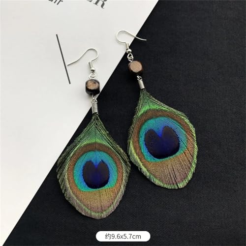Peacock Feather Earrings for Women Native Handmade Lightweight Long Peacock Feather Boho Hook Earring Prom Party Festival Jewelry - color: Brown Bead