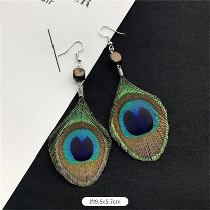 Peacock Feather Earrings for Women Native Handmade Lightweight Long Peacock Feather Boho Hook Earring Prom Party Festival Jewelry - color: Brown Bead