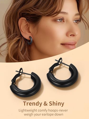 FindChic Hoop Earrings for Women, Silver/Black/14K Gold Plated Hypoallergenic Hollow Round Tube Loop Earrings, 20mm/30mm/40mm/60mm/80mm Chunky Hoops with Custom Name Options & Gift Box - color: a.Black, size: 20MM