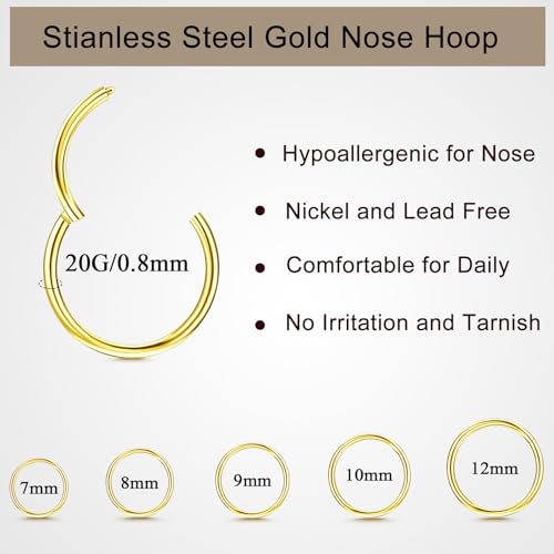 10Pcs Gold Nose Ring Hoop 18G/20G Clicker Nose Hoops Hypoallergenic Stainless Steel Nose Piercings Jewelry Gold Nose Jewelry Septum Helix Cartilage Lip Body Piercings for Women Men 7mm 8mm 9mm 10mm 12mm - color: Gold-20G
