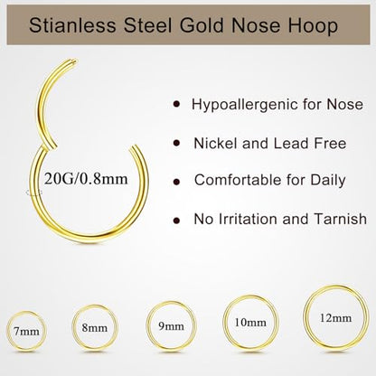 10Pcs Gold Nose Ring Hoop 18G/20G Clicker Nose Hoops Hypoallergenic Stainless Steel Nose Piercings Jewelry Gold Nose Jewelry Septum Helix Cartilage Lip Body Piercings for Women Men 7mm 8mm 9mm 10mm 12mm - color: Gold-20G