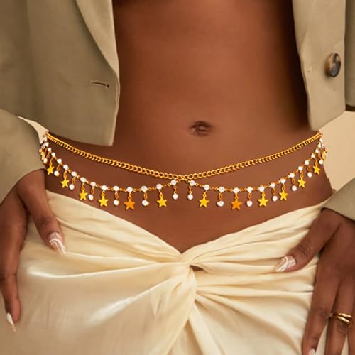 Gold Belly Chain Rhinestone Body Jewelry Chain Plated Waist Chains Layered Body Waist Summer Beach Bikini Jewelry for Women - style: star-gold