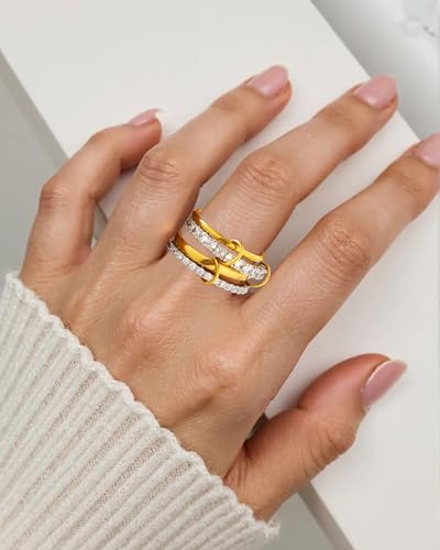 14K Gold Plated Stackable Rings for Women – 4-Piece Mixed Metal Ring Stack Set with Cubic Zirconia, Gold Silver Stacked, Two Tone Connected, Interlocking Statement Jewelry, Size 10