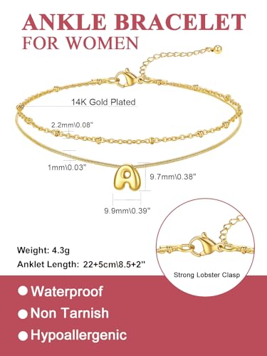 FOCALOOK Initial Anklet Bracelet for Women, 14K Gold Plated Anklets Layer Letter Ankle Chain Non Tarnish, 8.5"+2" Adjustable Large Ankle Summer Beach Foot Jewelry - color: Gold-T