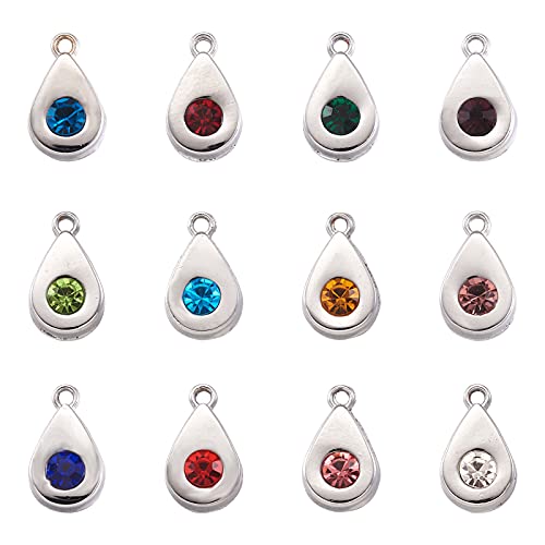 Cheriswelry 48Pcs Teardrop Alloy Glass Rhinestone Charms Colorful Birthstone Pendants Water Drop Dangle Charms for DIY Necklace Earring Bracelet Jewelry Making Handmade Crafts - color: 12 Colors*2