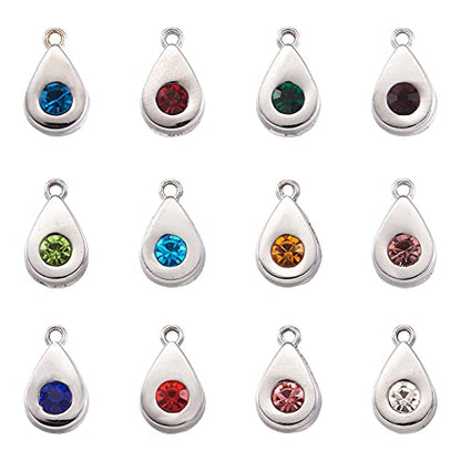 Cheriswelry 48Pcs Teardrop Alloy Glass Rhinestone Charms Colorful Birthstone Pendants Water Drop Dangle Charms for DIY Necklace Earring Bracelet Jewelry Making Handmade Crafts - color: 12 Colors*2