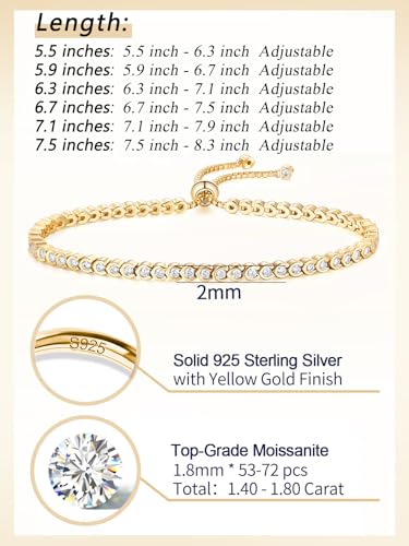 CYW 2mm/3mm All Moissanite Tennis Bracelet for Women, Solid 925 Sterling Silver, 5.5-7.5inch (14-19cm), with 2cm Adjustable Chain Extender, Birthday Anniversary Valentines Mothers Day Ideal Gift - color: 2mm - Yellow Gold, size: 6.3 Inches