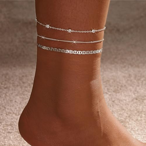 MFRYK Gold Ankle Bracelets for women,14k Gold/Silver Plated Waterproof Layered lightweight Cuban Link Figaro Chain Heart anklet butterfly anklet Pearl Ankle Bracelets Set Gold Anklets for women Trendy Jewelry Gift for Women - style: 3 anklets CZ satellite