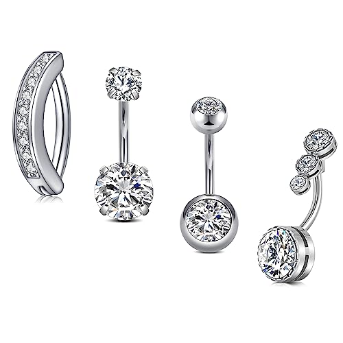 MODRSA Gold Belly Button Ring Dangle Belly Rings Silver Pink Dangling Dangly Belly Button Piercing Hypoallergenic Surgical Steel Opal Butterfly Navel Rings for Women Cute Dainty Navel Jewelry - color: 11-4pcs- silver