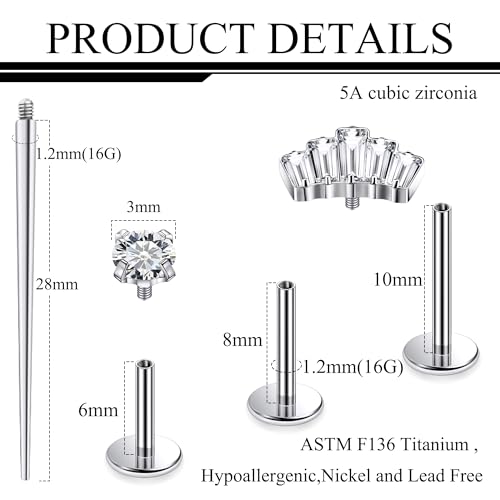 Titanium Flat Back Lip Rings Internally Threaded Earrings Studs Nose Rings 16G Opal CZ Tragus Cartilage Lobe Rook Helix Conch Labret Medusa Piercing Jewelry for Women Men W Piercing Taper Set - style: Crown CZ