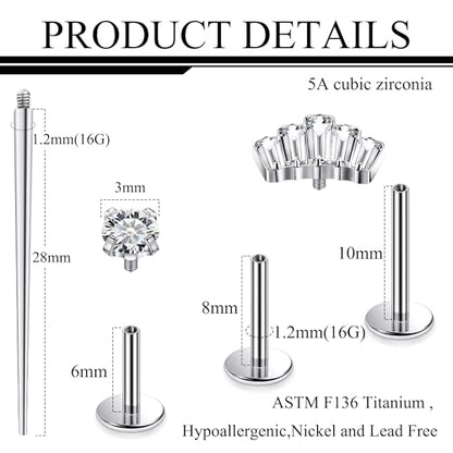 Titanium Flat Back Lip Rings Internally Threaded Earrings Studs Nose Rings 16G Opal CZ Tragus Cartilage Lobe Rook Helix Conch Labret Medusa Piercing Jewelry for Women Men W Piercing Taper Set - style: Crown CZ