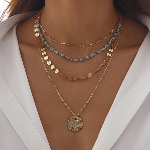 HUASAI Boho Necklaces for Women Dainty Layered Choker Necklace Bohemian Turquoise Necklace Statement Jewelry Western Cowgirl Country Concert Outfits Accessories - color: A-Coin