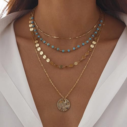 HUASAI Boho Necklaces for Women Dainty Layered Choker Necklace Bohemian Turquoise Necklace Statement Jewelry Western Cowgirl Country Concert Outfits Accessories - color: A-Coin