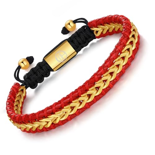 Braided Leather Bracelets for Men 18K Gold Plated Cuff Adjustable | Stainless Steel Franco Chain Link, Mens Bracelet Leather, Handwoven Jewelry Gift for Husband Dad Son
