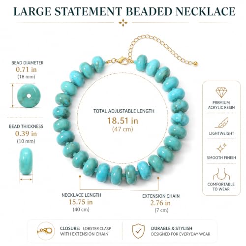 Chunky Acrylic Beaded Necklace for Women, Boho Oversized Disc Fake Turquoise Resin Bead Chain Statement Choker Lightweight Adjustable Summer Beach Jewelry Gift - color: Chunky Disc Blue