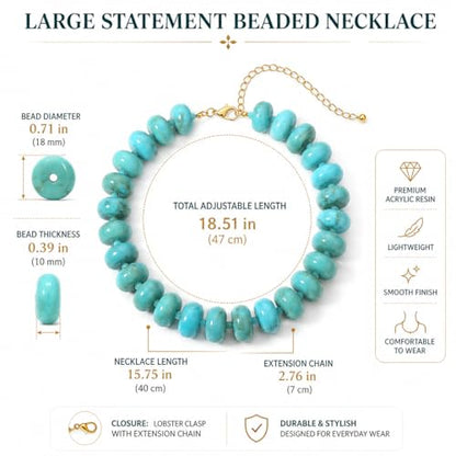 Chunky Acrylic Beaded Necklace for Women, Boho Oversized Disc Fake Turquoise Resin Bead Chain Statement Choker Lightweight Adjustable Summer Beach Jewelry Gift - color: Chunky Disc Green