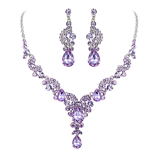 EVER FAITH Rhinestone Crystal Bridal Floral Wave Teardrop Necklace Earrings Set - color: 2pcs_Light Purple