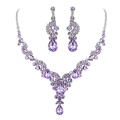 EVER FAITH Rhinestone Crystal Bridal Floral Wave Teardrop Necklace Earrings Set - color: 2pcs_Light Purple