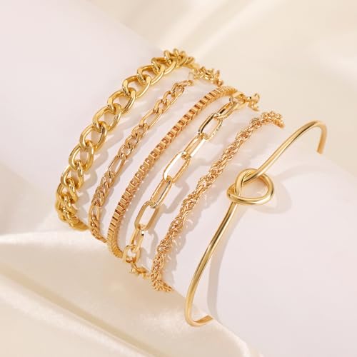 Alegend 14K Gold Plated Stackable Multilayer Bracelets + Titanium Steel(Not Rust, Resist Corruption, Easily Clean) 18K Gold Plated Single Bracelets - color: 14K Gold Plated Six-Layered