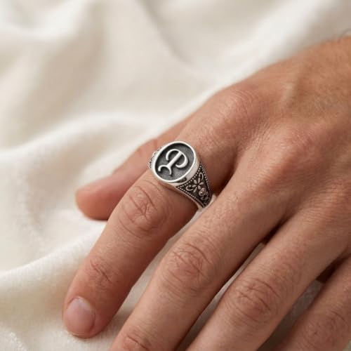 Personalized Initial Signet Ring for Men and Women, Solid 925 Sterling Silver Custom Letter Ring, Gothic Monogram Circle Signet Ring, Engraved Unisex Statement Jewelry Gift