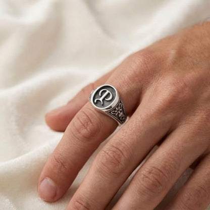 Personalized Initial Signet Ring for Men and Women, Solid 925 Sterling Silver Custom Letter Ring, Gothic Monogram Circle Signet Ring, Engraved Unisex Statement Jewelry Gift