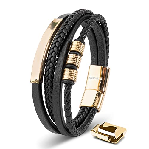 SERASAR Premium Leather Bracelet Men | Stainless Steel Magnetic Clasp | Three Colors | Jewelry Box Included - color: Gold, size: 20cm, style: Brave