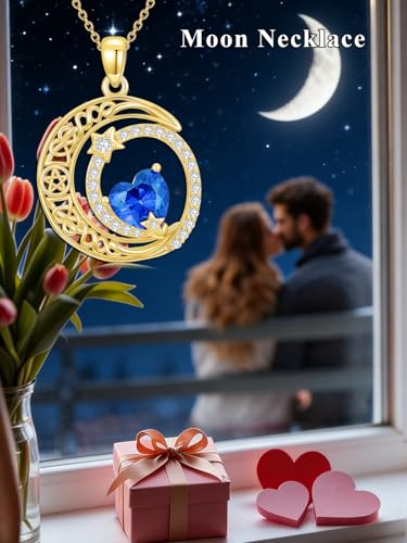 Midari 18K Yellow Gold Sun Moon Star Pendant Rose Flower Necklaces I Love You Forever Sun Moon Jewelry Gift for Mother Women - color: 09-Sep-Sapphire, style: Moon&Star