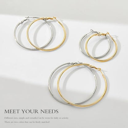 4 Pairs Silver Gold Hoop Earrings for Women | 14K Gold Plated Hoop Earrings Set Hypoallergenic Earring Lightweight Dangle Earrings Set - color: 6 Pairs Silver+Gold-30/40/50mm