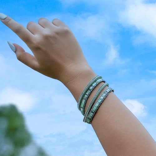 Boho Double Wrap Leather Bracelets Stackable Layered Western Hippie Jewelry | Colorful Stacked Bohemian Statement Chunky Magnetic Clasp Cuff Bangles Cowgirl Country Summer Beach Outfits for Women Trendy - color: Green