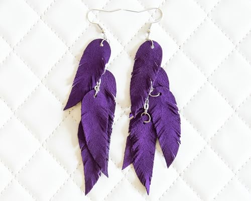 Leather Feather Earrings, Suede layered earrings, boho wedding jewelry, summer earrings, gift for her, dangle earrings - color: purple