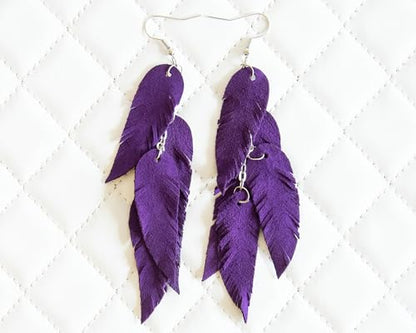 Leather Feather Earrings, Suede layered earrings, boho wedding jewelry, summer earrings, gift for her, dangle earrings - color: purple