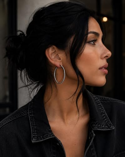 Stainless Steel Inside Out 40mm Hoop Earrings for Women – Sparkling CZ Crystal Hoops, Hypoallergenic, Lightweight, Modern Everyday Earrings – Silver, 18K Gold Plated, & Black Options - color: Black