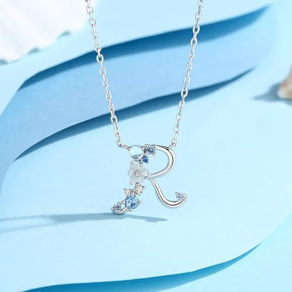 VIKI LYNN Initial Necklace for Women 925 Sterling Silver Initial A to Z Letter Pendant Necklace with Blue Flower Cubic Zirconia Birthday Engagement Gift for Women,Mom, Couple - style: Letter R